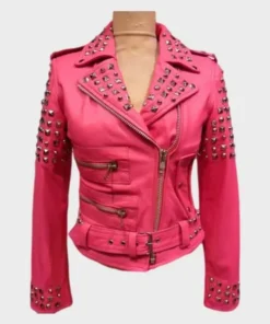 Womens Pink Biker Golden Studded Jacket